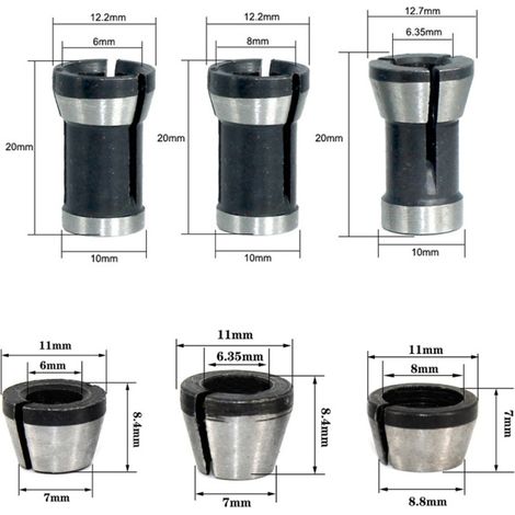 Ensemble de 8 pièces pour mandrin de machine à rogner, accessoires de conversion, manchon de conversion, tête de conversion, accessoires de fraise, gaine 6 mm 1/4 8 mm (ensemble de 6 pièces) (1/5)