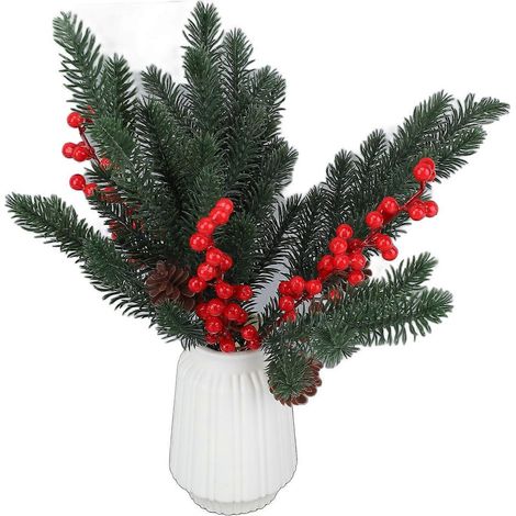 Künstliche Weihnachtszweige mit Kiefernzweigen und roten Beerenstängeln – Weihnachtsdekoration für Zuhause und Schreibtisch