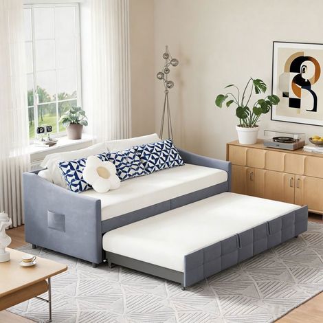 Lit gigogne 90x200 cm, Divano letto estensibile, idraulico, 180x200 cm, Legno e metallo, stile scandinavo, Tessuto velluto morbido, Grigio