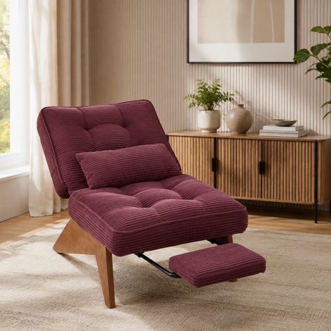 Poltrona relax reclinabile in tessuto corduroy con poggiapiedi e cuscino lombare, bordeaux HAVRYA (1/5)