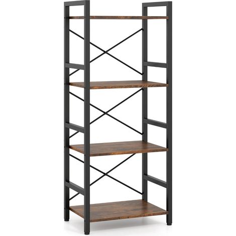 Narrow 4-Tier Metal Bookshelf, Rustic Brown, 41.5x27.5x100 cm