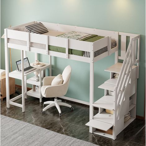 Lit mezzanine 90x200 cm en bois massif blanc avec escalier rangement et étagère (1/5)