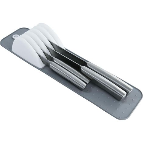 Organizzatore per coltelli a 5 scomparti per cassetto – Portacoltelli ultra sottile a cassetto con tappetino antiscivolo, soluzione compatta per riporre i coltelli da cucina (grigio) (1/4)