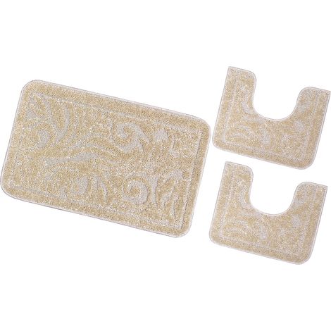 Tappeto Bagno Damascato Parure Set 3 Pezzi Morbido Soffice Assorbente Antiscivolo Lavabile - Panna