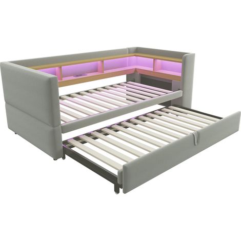 Canapé-lit capitonné 90/180x190 cm avec LED, prises et rangements, lit simple multifonction, velours, gris clair, chambre d'appoint, matelas non inclus (1/5)