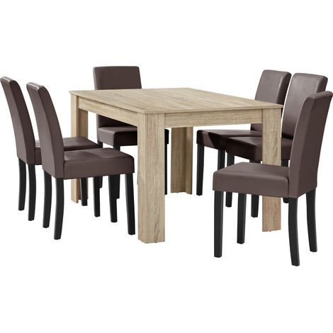 Set Pranzo con Tavolo 140x90 cm e 6 Sedie in Similpelle - Effetto Rovere Chiaro / Marrone [en.casa]