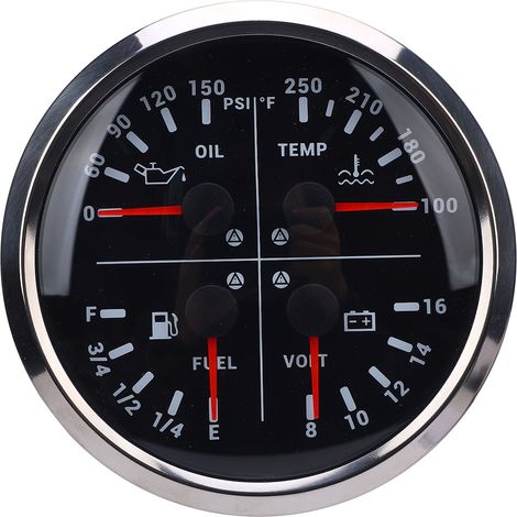 110 mm (4 3/8 Zoll) Multifunktionsanzeige, 12 V DC, 0–150 PSI, Öldruck, Kraftstoffstand, 100–250 °F, Wassertemperatur, 8–16 V Voltmeter für Wohnmobil, Boot, LKW, schwarzes Zifferblatt, silberne Lünett (1/5)