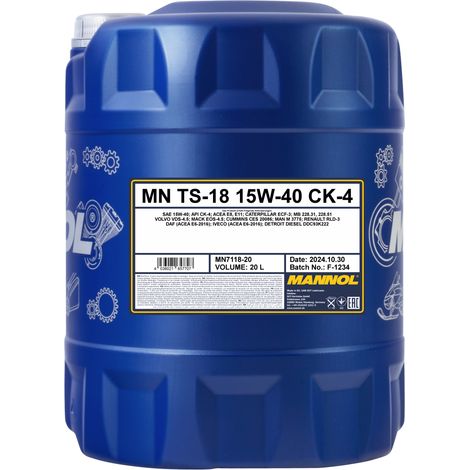 MANNOL - Huile moteur 15W40 CK4 MN TS-18 - Bidon de 20 litres - MN7118-20 - Ce produit de marque MANNOL est neuf.