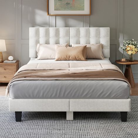 Lit Double 180x200 cm HavenlyHome - Structure de Lit avec Sommier à Lattes - Lit Capitonné avec Tête de Lit - Lit Adulte pour 2 Personne- BLANC (1/5)