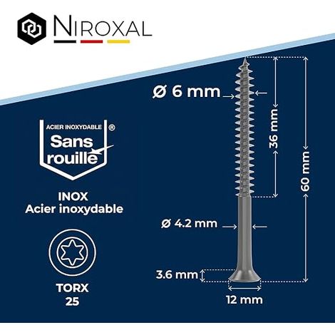 Vis à bois inox A2 V2A H2 Torx TX tête fraisée 90° filetage total 6 mm 6x60 mm vis bois (1/4)