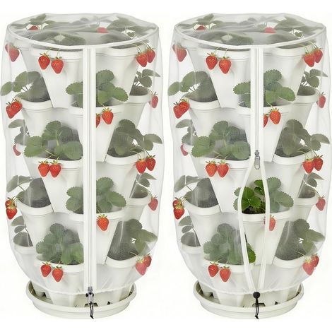 Lot de 2 filets anti-insectes verticaux avec fermeture éclair, 45 x 45 x 100 mm, empilables, pour pots de 3 à 5 niveaux. Protection anti-insectes et oiseaux pour fraisiers, herbes aromatiques, fleurs, (1/5)
