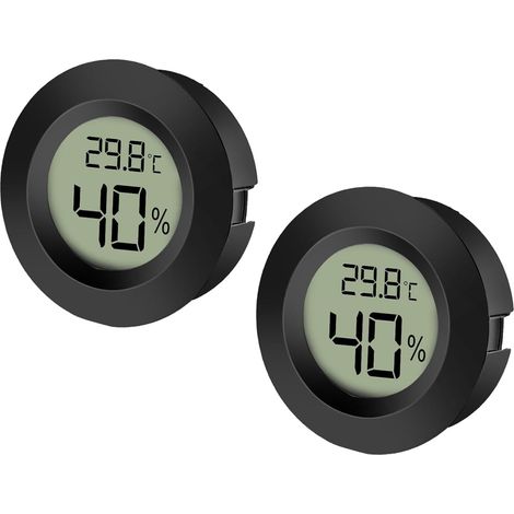 Lot de 2 hygromètres-thermomètres numériques LCD, pour intérieur et extérieur, idéal pour serres et caves, noir et rond. (1/5)