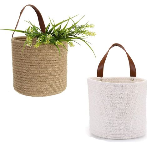 Paniers de rangement Panier mural Panier suspendu avec poignée en cuir PU Lot de 2 paniers pour pots de fleurs, panier en corde de coton (1/5)