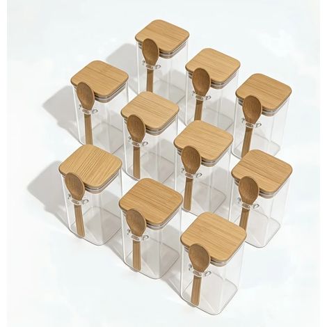 (10 pièces) Bocaux de rangement carrés en verre hermétique avec couvercles en bambou et cuillères, adaptés pour conserver les épices, le sucre et le café dans la cuisine. (1/5)