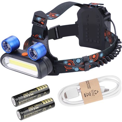 Lampe frontale rechargeable 2LED COB 150000LM, lumière bleue, lampe torche USB avec 218650 (1/5)