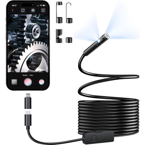 Cámara endoscópica de doble lente con iluminación, HD 1920P con 8+1 LED ajustables, resistente al agua IP67, cable semirrígido de 5 m, compatible con iPhone, iPad y Android (tipo C) (1/5)