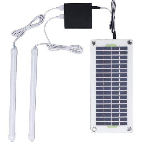 Kit éclairage solaire tubulaire 30W LED panneau 32x14.5cm double USB 12V/5V boîtier batterie étanche pour tente camping randonnée 2 tubes 32cm ABS blanc (1/5)