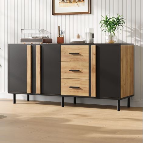 MODFU – Credenza 140x35x70 cm in MDF con 3 ante, 3 cassetti e piedini in metallo, carico 60 kg – Nero/legno (1/5)