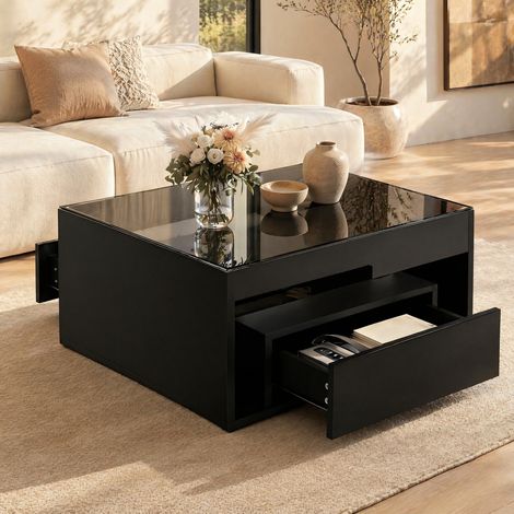 Table basse 70x70x35 cm noire avec LED, 2 tiroirs, plateau en verre trempé et MDF MEUBLIV (1/5)