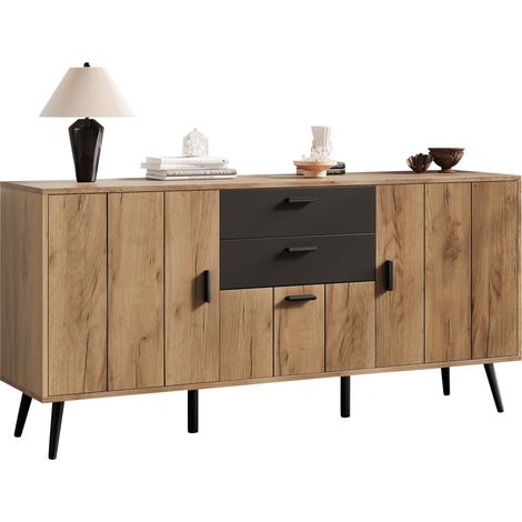 CHICFURN Aparador de salón con 2 cajones, 3 puertas, 7 compartimentos, tablero amplio y acabado madera negra, para comedor, recibidor y cocina, 140 x 35 x 67 cm (1/5)
