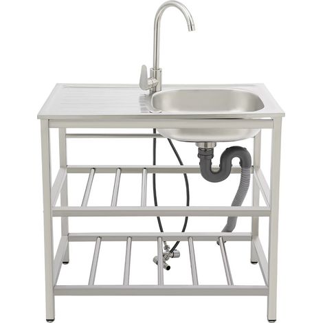 Freistehendes Edelstahl Spülbecken mit Wasserhahn und Arbeitstisch – Küchenspüle mit Stauraum und höhenverstellbaren Füßen für Warm- und Kaltwasser Nutzung