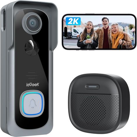 iegeek 2K doorbell caméra sans fil sans abonnement - sonnerie vidéo avec cloches, gris, convertisseur de voix, audio bidirectionnel, détection de mouvement PIR, wifi 2,4 GHz, fonctionne avec Alexa (1/5)