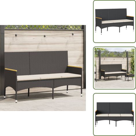 Gartenbank 3-Sitzer mit Kissen Schwarz Poly Rattan - Gartensessel - Gartenbank - Outdoor-Möbel - Balkonmöbel - Rattanmöbel