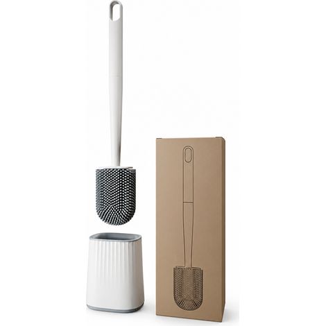 Brosse WC en Caoutchouc Souple avec Support Mural sans Perçage et Manche Amovible, Blanche (1/5)