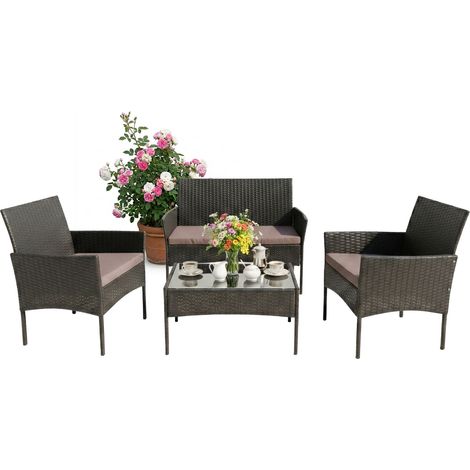 Relaxdays Garden Furniture Set, 4-piece rattan lounge, seats 4, 2-seater sofa, 2 armchairs & glass table, outdoor, black
