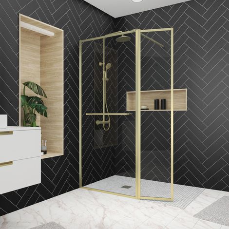 Mampara Ducha con Deflector 90+40x200cm - Toallero + Estante Oro Cepillado