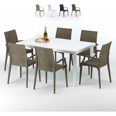 Table Rectangulaire Blanche 150x90cm Avec 6 Chaises Colorées Grand Soleil Set Extérieur Bar Café Paris Summerlife - Marron (1/5)