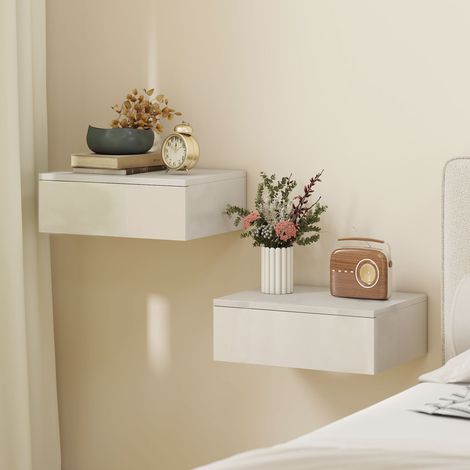Ensemble 2 tables de chevet, design mural, tiroir, pour chambre, contreplaqué, blanc (1/5)