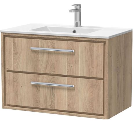 Longnor 2 Drawer Wall Hung Vanity Unit with 1 Tap Hole Minimalist Basin, Light Oak, 800mm