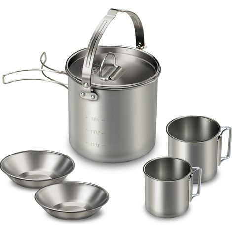 5 pièces bouilloire en acier inoxydable avec 2 tasses bols poignées pliables couvercle grande capacité portable thé café eau marmite pour camping randonnée pique-nique en plein air (1/5)