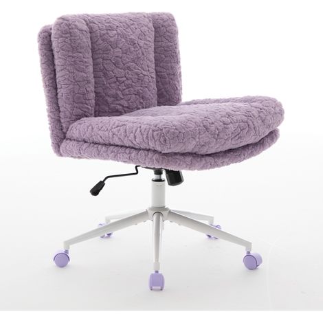 Chaise de bureau à assise large de 26.4 inch, en fausse fourrure de lapin, avec base en métal, chaise de bureau pivotante réglable, chaise de coiffeuse (Violet), DE1875VT