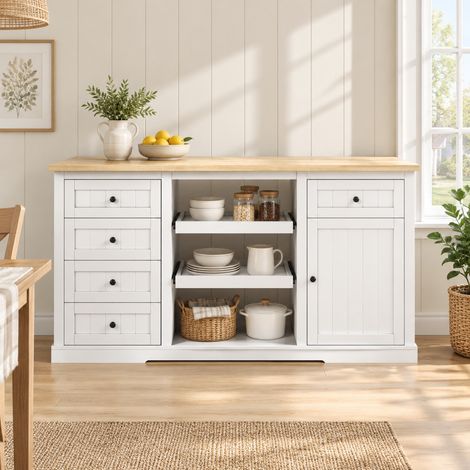 Credenza da cucina 150 x 65 x 75,5 cm, 5 cassetti, prese USB, bianco e legno HAVRYA