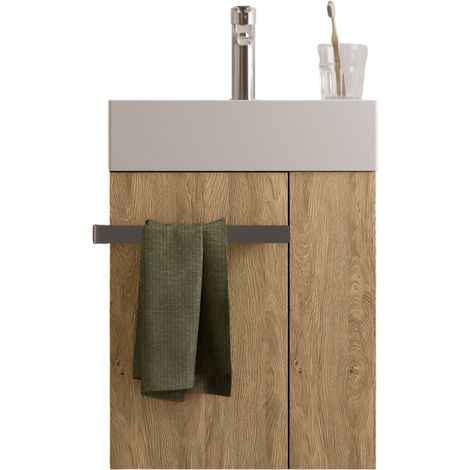 BERNSTEIN - Meuble vasque lave-main Chêne miel 45x35x50cm (LxPxH) 1 tiroir + rangement droite + poignée Chrome - COMPACT450 Chrome, Chêne Miel doré
