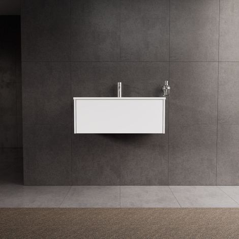 Inda - Badezimmerschrank 1 Schublade L.80 mit glänzendem Waschbecken / Mattweiß - diamante