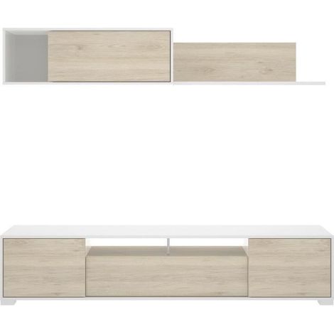 DEKIT - Composición de salón TV con puertas y estante color Blanco Brillo / Natural 180x200x41 cm modelo Ken (1/5)