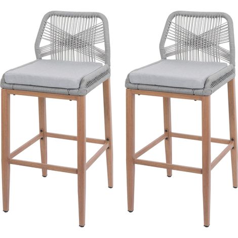 [NEUWERTIG] 2er-Set Rope-Barhocker HHG-982, Outdoor Sitzpolster Seilgeflecht Metall Holz-Optik hellgrau, Kissen hellgrau