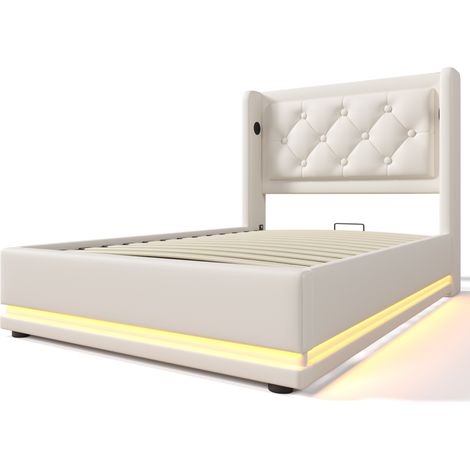 Cama canapé tapizada 90 x 200 cm blanca de PU con cabecero, USB Type-C y LED en 3 lados (1/5)
