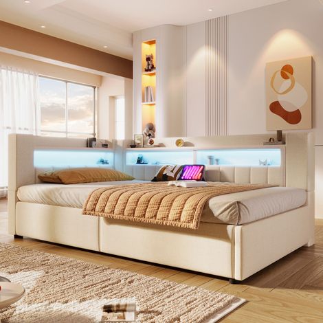 Lit 90X200 cm avec sommier à lattes et USB Type-C et LED,lit coffre 90X200,canapé lit simple,cadre de lit capitonné avec rangement hydraulique,avec fonction de chargement,beige (1/5)