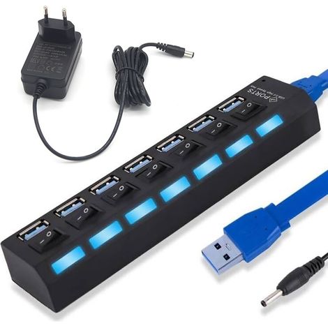 USB-Hub – 7 USB 3.0-Anschlüsse – mit externem Netzteil und individuellen LED-Schaltern – für Laptop, PC, MacBook – 1 Stück (1/5)