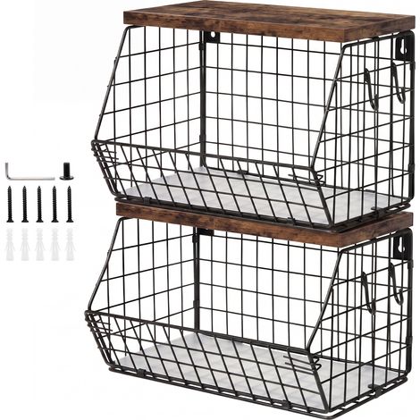 Toque Fruit Snack Storage Basket 2PCS Stackable Wall Mounted Kitchen Wood Lid (1/5)