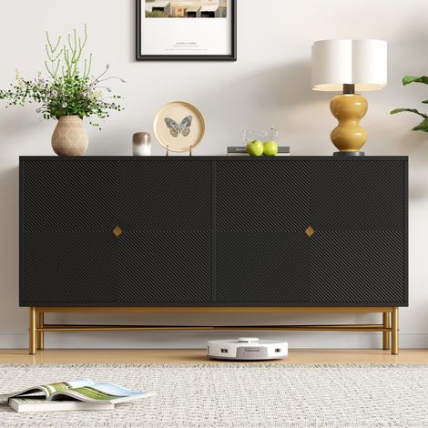 Buffet bas de salon 160x40x82cm, Enfilade design contemporain chic avec 4 portes, Structure robuste en MDF et pieds dorés, Noir (1/5)