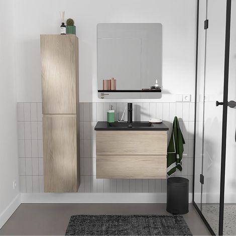 Mob-In – Meuble simple vasque 60cm décor chêne – Vasque noire céramique avec trop plein – Robinet mitigeur noir mat – Miroir avec étagère et colonne de rangement