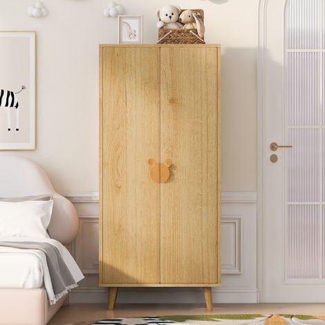 Armario ropero dormitorio - 70 x 55 x 170 cm - armario infantil y juvenil de 2 puertas con tiradores divertidos y patas elevadas madera - madera natural (1/5)