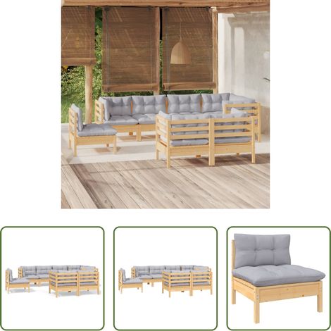 Terrassensofa - 8-tlg. Garten-Lounge-Set mit Grauen Kissen Kiefer Massivholz (1/5)