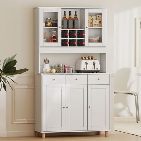 180 cm Küchenschrank, 2 Glastüren, 3 Schubladen, 4 verstellbare Regale, Esszimmerschrank, Spanplatte, Weiß (1/5)