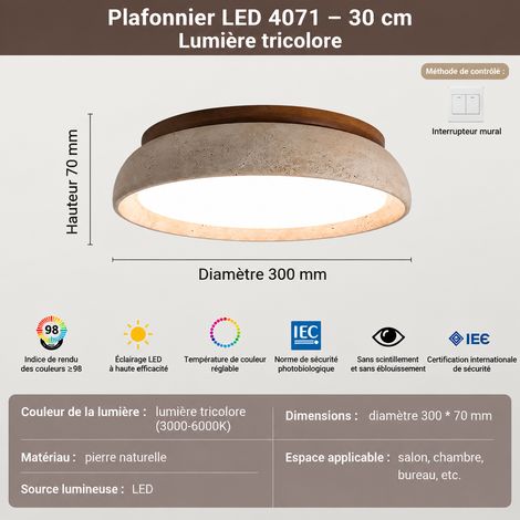 Plafonnier LED travertin jaune et bois massif wabi-sabi rétro 30 cm lumière 3 couleurs, IRC 80-90, 3 kg – Livraison gratuite